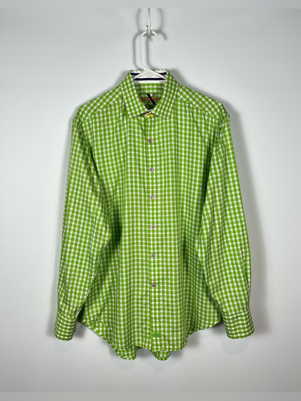 Robert Graham Green Gingham Sport Shirt With Print Flip Cuffs Size Medium